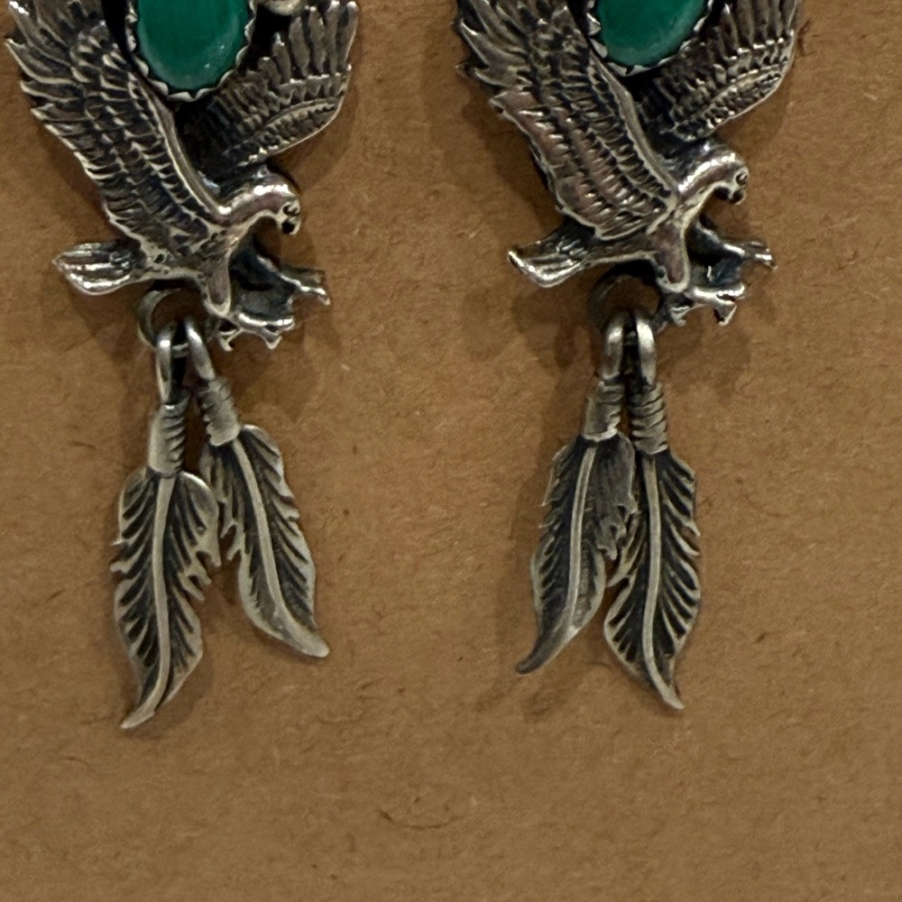 Silver and Green Feathered Eagle Earrings .925